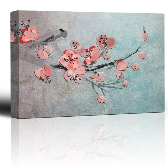 wall26 - Cherry Blossom Branch Over a Blue Abstract Watercolor Background - Giclee Prints Canvas Wall Art Modern Home Art | Stretched Gallery Wrap Ready to Hang - 16x24 inches