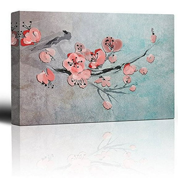wall26 - Cherry Blossom Branch Over a Blue Abstract Watercolor Background - Giclee Prints Canvas Wall Art Modern Home Art | Stretched Gallery Wrap Ready to Hang - 24x36 inches