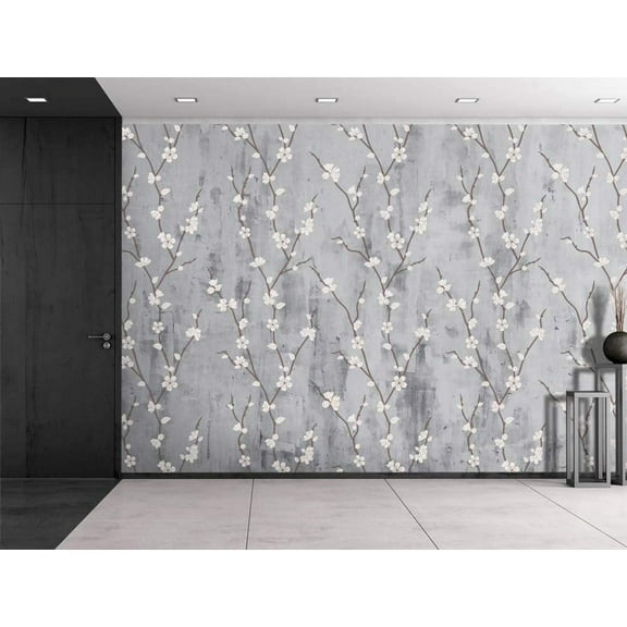 wall26 - Cherry Blossoms Sitting on a Grayscale Grungy Texture with a Vignette Effect Around It - Wall Mural, Removable Vinyl Wallpaper, Home Decor - 100x144 inches