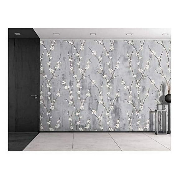 wall26 - Cherry Blossoms Sitting on a Grayscale Grungy Texture with a Vignette Effect Around It - Wall Mural, Removable Vinyl Wallpaper, Home Decor - 66x96 inches