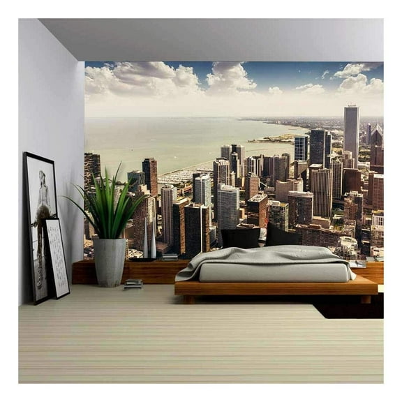 wall26 - Chicago, Illinois in The United States. City Skyline with Skyscrapers. - Removable Wall Mural | Self-Adhesive Large Wallpaper - 66x96 inches