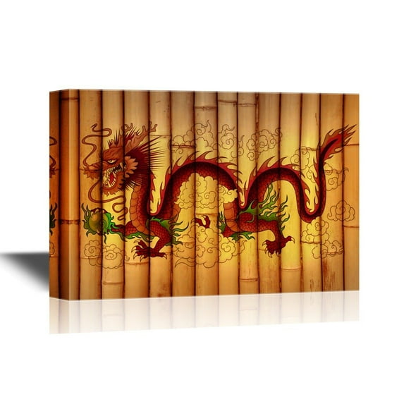wall26 - Chinese Culture Canvas Wall Art - Chinese Dragon on Bamboo Style Background - Gallery Wrap Modern Home Art | Ready to Hang - 16x24 inches