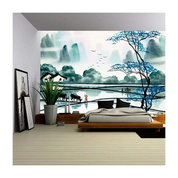 wall26 - Chinese Landscape Watercolor Painting - Removable Wall Mural | Self-Adhesive Large Wallpaper - 66x96 inches