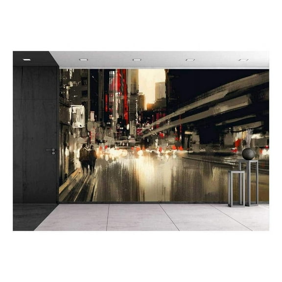 wall26 - City Street Digital Painting.Illustration - Removable Wall Mural | Self-Adhesive Large Wallpaper - 100x144 inches
