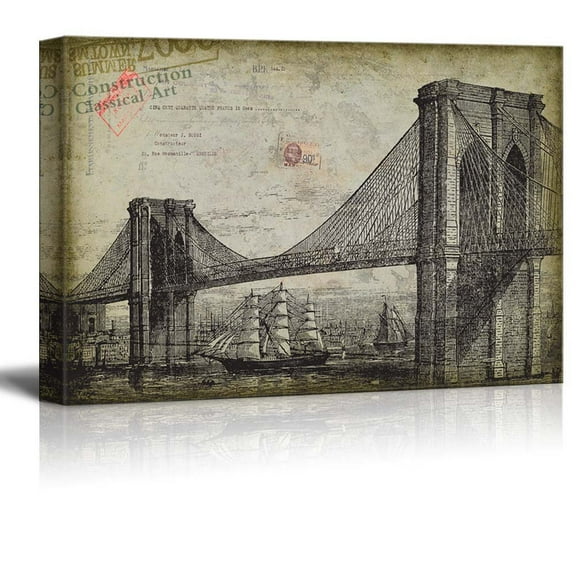 wall26 - Classical Sketched Bridge with Sailboats Passing Under - Canvas Art Home Art - 32x48 inches