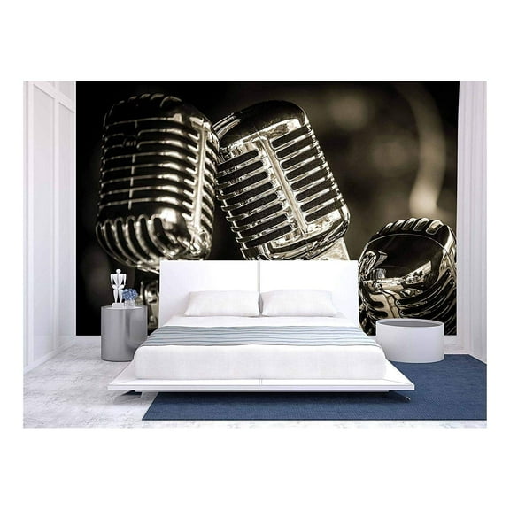 wall26 - Closeup of Chromed Retro Recording Studio Microphones - Removable Wall Mural | Self-Adhesive Large Wallpaper - 100x144 inches
