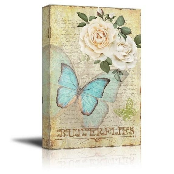 wall26 Collage of an Aqua Butterfly with White Roses Over a Vintage Letter - Canvas Art Home Decor - 16x24 inches