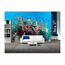 wall26 - Colorful Underwater Offshore Rocky Reef with Coral and sponges and Small Tropical Fish Swimming by in a Blue Ocean - Removable Wall Mural | Self-Adhesive Large Wallpaper - 100x144 inches