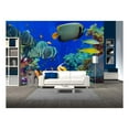 thumbnail image 1 of wall26 - Colorful Underwater Offshore Rocky Reef with Coral and sponges and Small Tropical Fish Swimming by in a Blue Ocean - Removable Wall Mural | Self-Adhesive Large Wallpaper - 66x96 inches, 1 of 6
