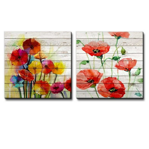 wall26 - Colorful Watercolor Bouquet of Flowers Along with Red Poppy Flowers Over White Wooden Panels - Canvas Art Home Art - 12x12 inches