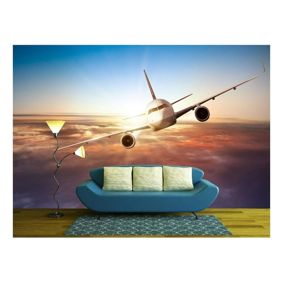 wall26 - Commercial Airplane Flying Above Clouds in Dramatic Sunset Light - Removable Wall Mural | Self-Adhesive Large Wallpaper - 66x96 inches