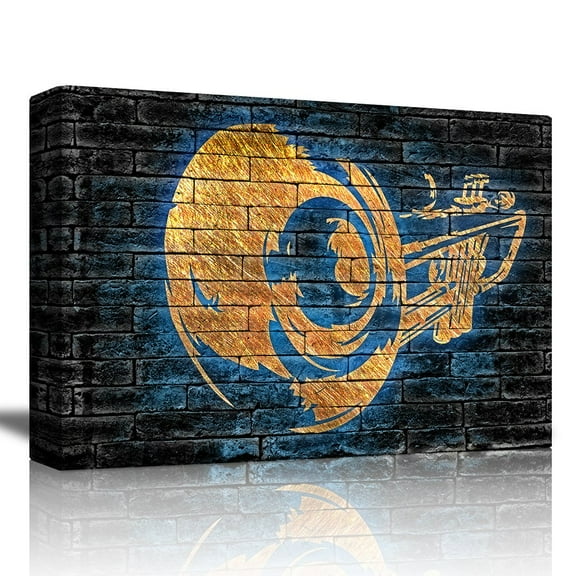 wall26 - Copper Trumpet with Blue Silhouette on a Dark Brick Background - Canvas Art Home Art - 32x48 inches