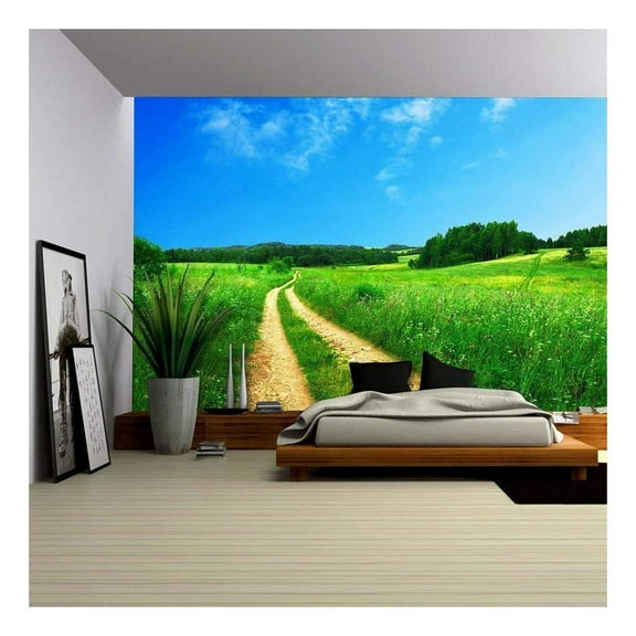 wall26 - Countryside Roads Through Green Fields Under The Blue Sky - Removable Wall Mural | Self-Adhesive Large Wallpaper - 66x96 inches