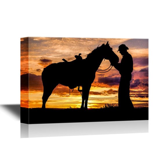wall26 - Cowboy Canvas Wall Art - A Cowboy Sitting on His Horse in The Sunset and Swinging a Rope - Gallery Wrap Modern Home Art | Ready to Hang - 24x36 inches