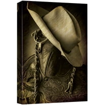 wall26 - Cowboy hat on The Saddle Horn - Hung up Spurs - Wood and Leather Vintage Art - Country and Western Rustic Tone - Canvas Art Home Art - 24x36 inches