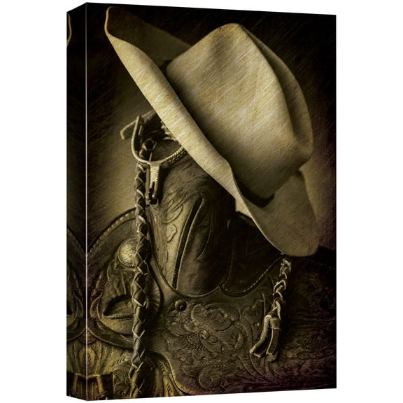 wall26 - Cowboy hat on The Saddle Horn - Hung up Spurs - Wood and Leather Vintage Art - Country and Western Rustic Tone - Canvas Art Home Art - 24x36 inches