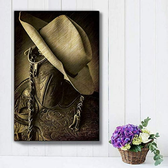 wall26 - Cowboy hat on The Saddle Horn - Hung up Spurs - Wood and Leather Vintage Art - Country and Western Rustic Tone - Canvas Art Home Art - 16x24 inches