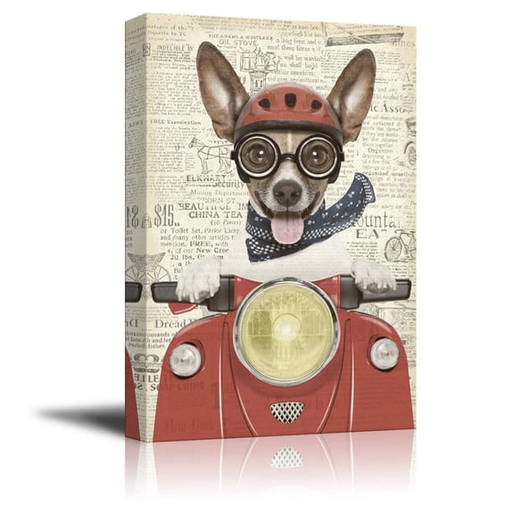 wall26 Creative Animal Figure on Vintage Paper Canvas Wall Art - A Dog Riding a Red Motorcycle - Giclee Print Gallery Wrap Modern Home Art Ready to Hang - 32x48 inches