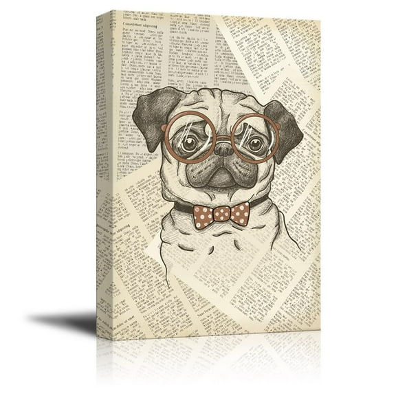 wall26 Creative Animal Figure on Vintage Paper Canvas Wall Art - A Pug Wearing Glasses - Giclee Print Gallery Wrap Modern Home Art Ready to Hang - 24x36 inches