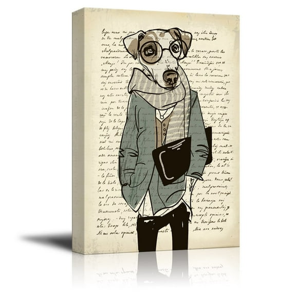 wall26 Creative Animal Figure on Vintage Paper Canvas Wall Art - Mr Dog Wearing Glasses - Giclee Print Gallery Wrap Modern Home Art Ready to Hang - 16x24 inches