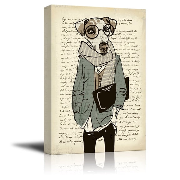 wall26 Creative Animal Figure on Vintage Paper Canvas Wall Art - Mr Dog Wearing Glasses - Giclee Print Gallery Wrap Modern Home Art Ready to Hang - 24x36 inches