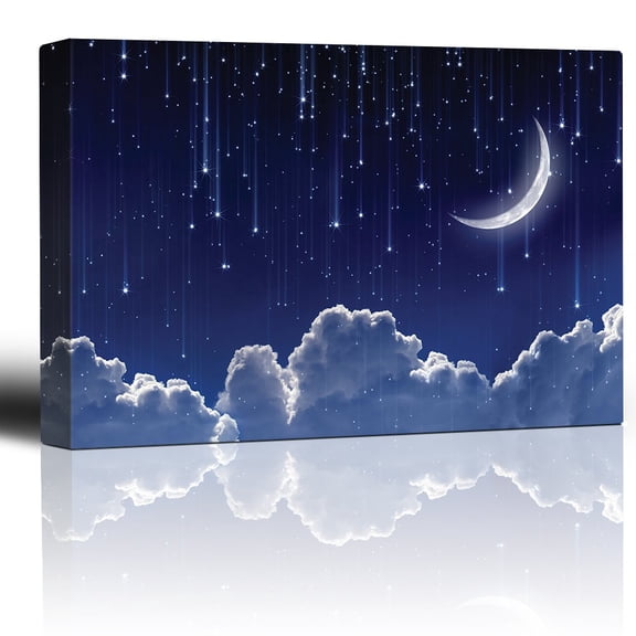wall26 - Crescent Moon with Bright Falling Stars Above The Clouds - Canvas Art Home Art - 32x48 inches