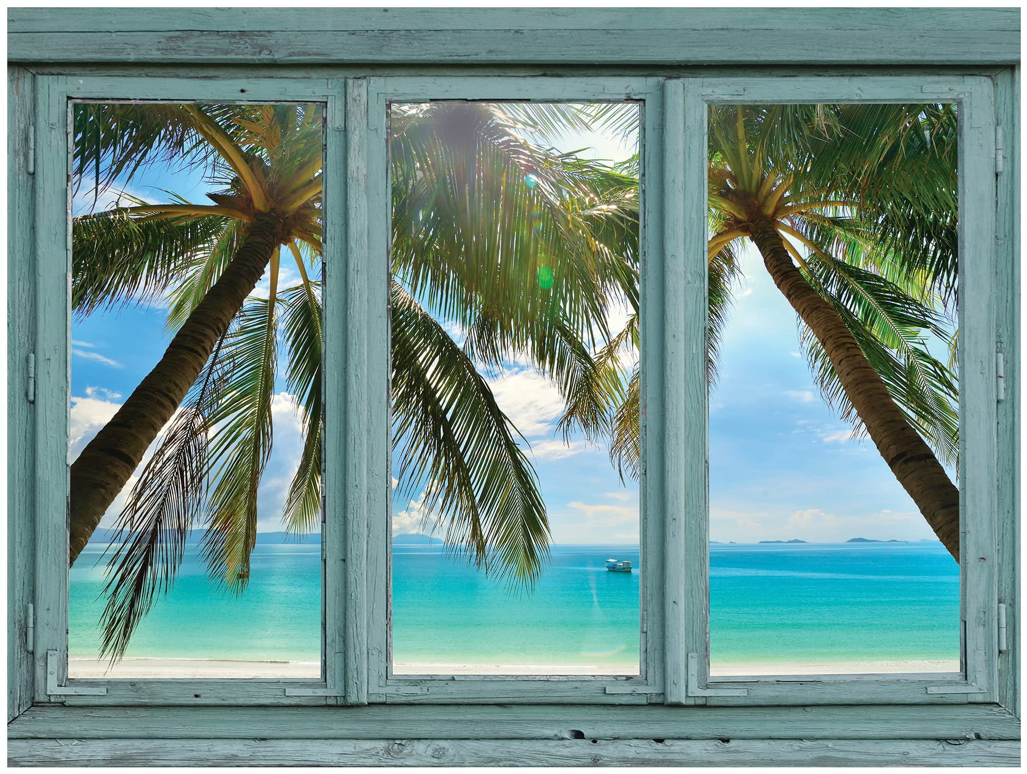 wall26 - Crystal Blue Waters Framed by Palm Trees on a Perfect White Sand Beach - Wall Mural, Removable Sticker, Home Decor - 24x32 inches