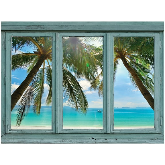 wall26 - Crystal Blue Waters Framed by Palm Trees on a Perfect White Sand Beach - Wall Mural, Removable Sticker, Home Decor - 24x32 inches