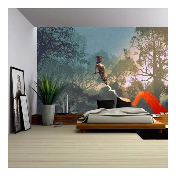wall26 - Cyclist Riding a Bike with tire Track in The air with Forest in Background - Removable Wall Mural | Self-Adhesive Large Wallpaper - 66x96 inches