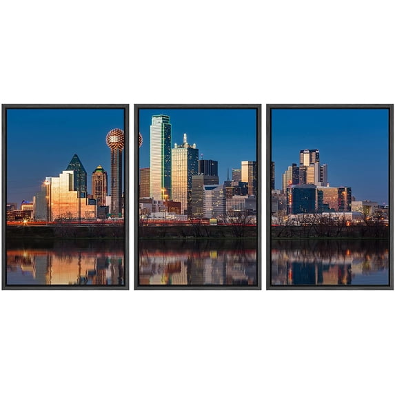 wall26 - Dallas Skyline at Sunset - Framed Canvas Art Wall Art - 16"x24"x3 Black