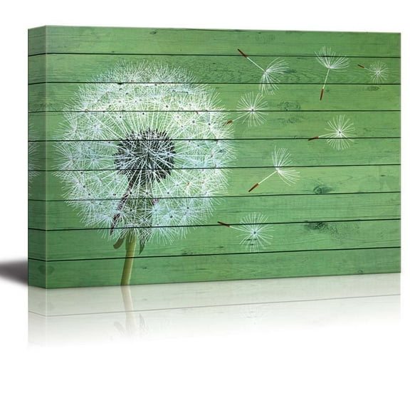 wall26 - Dandelion Over Green Wooden Panels - Canvas Art Home Art - 24x36 inches