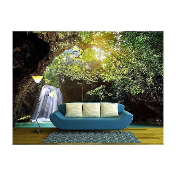 wall26 - Deep Forest Waterfall in Kanchanaburi, Thailand - Removable Wall Mural | Self-Adhesive Large Wallpaper - 100x144 inches