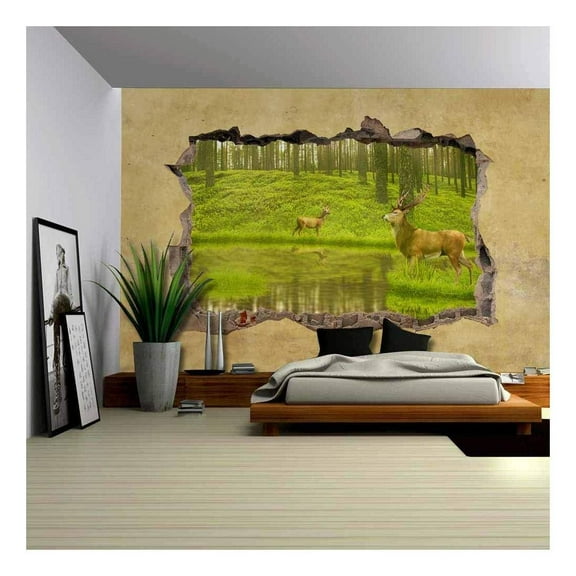 wall26 - Deers in The Forest Viewed Through a Broken Wall - Large Wall Mural, Removable Peel and Stick Wallpaper, Home Decor - 100x144 inches