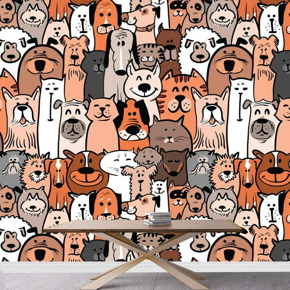 wall26 - Doodle Dogs and Cats Seamless Pattern - Removable Wall Mural | Self-Adhesive Large Wallpaper - 66x96 inches