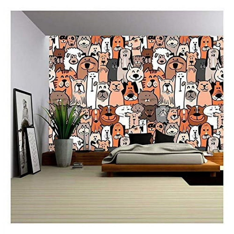 wall26 - Doodle Dogs and Cats Seamless Pattern - Removable Wall Mural