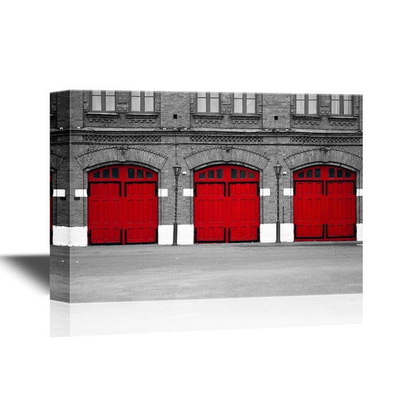 wall26 - Doors Canvas Wall Art - Facade of an Old Fire Station in Black and White with Red Doors - Gallery Wrap Modern Home Art | Ready to Hang - 12x18 inches