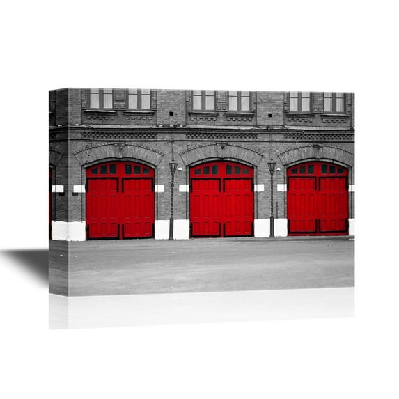 wall26 - Doors Canvas Wall Art - Facade of an Old Fire Station in Black and White with Red Doors - Gallery Wrap Modern Home Art | Ready to Hang - 24x36 inches