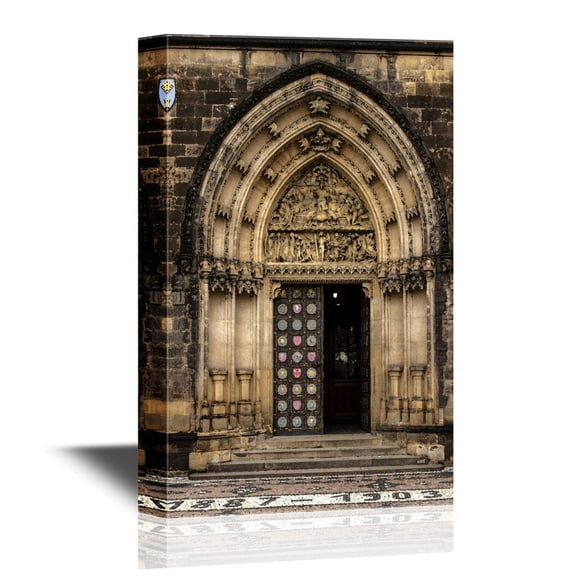 wall26 - Doors Canvas Wall Art - The Entrance to The Gothic Vysehrad Cathedral in Prague - Gallery Wrap Modern Home Art | Ready to Hang - 12x18 inches