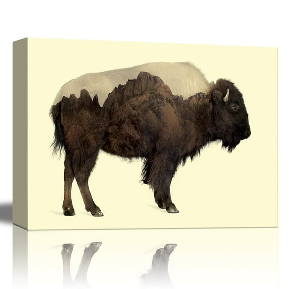 wall26 - Double Exposure Graphic of a Buffalo and Rocky Mountains - Canvas Art Home Art - 24x36 inches