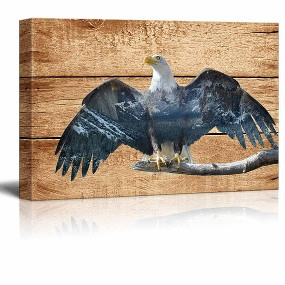 wall26 - Double Exposure Rustic Canvas Wall Art - Eagle in The Wild on Vintage Wood Background - Giclee Print Modern Wall Art | Stretched Gallery Wrap Ready to Hang - 16x24 inches
