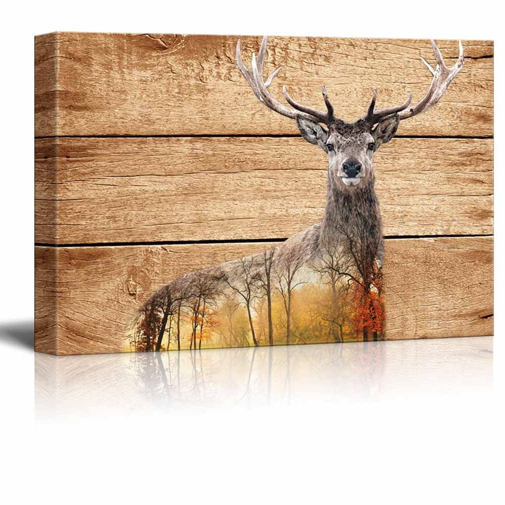 wall26 - Double Exposure Rustic Canvas Wall Art - Elk Deer in The Wild ...
