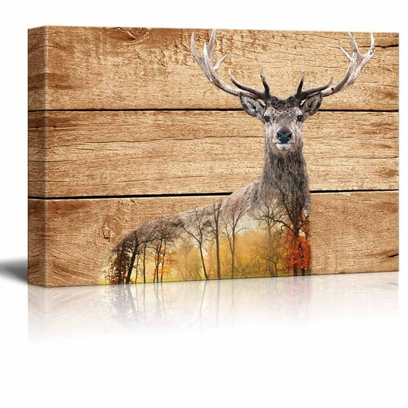 wall26 - Double Exposure Rustic Canvas Wall Art - Elk Deer in The Wild on Vintage Wood Background - Giclee Print Modern Wall Art | Stretched Gallery Wrap Ready to Hang - 32x48 inches