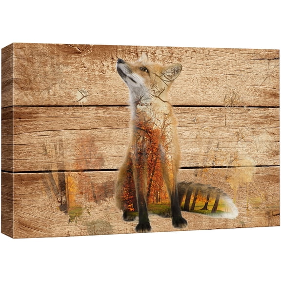 wall26 - Double Exposure Rustic Canvas Wall Art - Fox in The Wild on Vintage Wood Background - Giclee Print Modern Wall Art | Stretched Gallery Wrap Ready to Hang - 16x24 inches