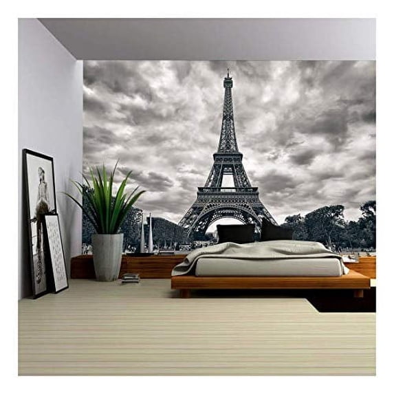 wall26 - Eiffel Tower with Dramatic Sky Monochrome Black and White - Removable Wall Mural | Self-Adhesive Large Wallpaper - 100x144 inches