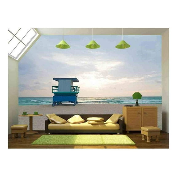 wall26 - Empty Beach with Lifeguard Cabin at Sunrise A Lonely Cabin on The Empty Beach - Removable Wall Mural | Self-Adhesive Large Wallpaper - 66x96 inches
