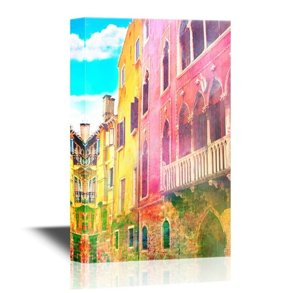 wall26 - European Town Canvas Wall Art - Watercolor Style European Town - Gallery Wrap Modern Home Art | Ready to Hang - 24x36 inches