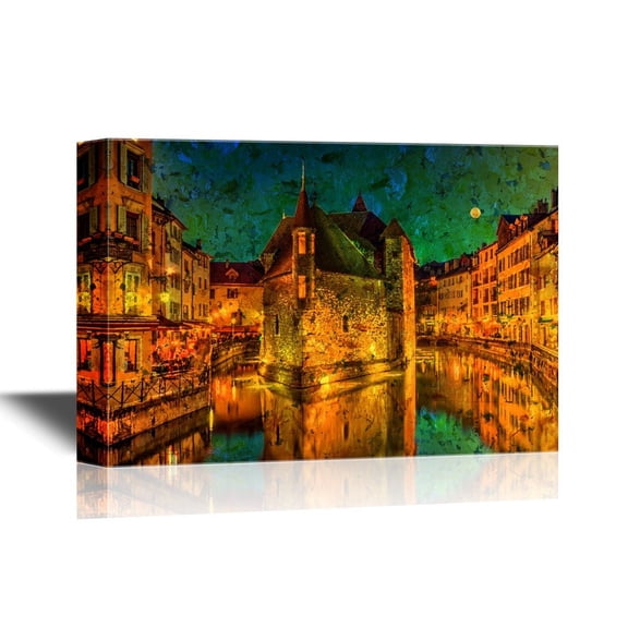 wall26 - European Town Canvas Wall Art - Watercolor Style Venice at Night - Gallery Wrap Modern Home Art | Ready to Hang - 12x18 inches