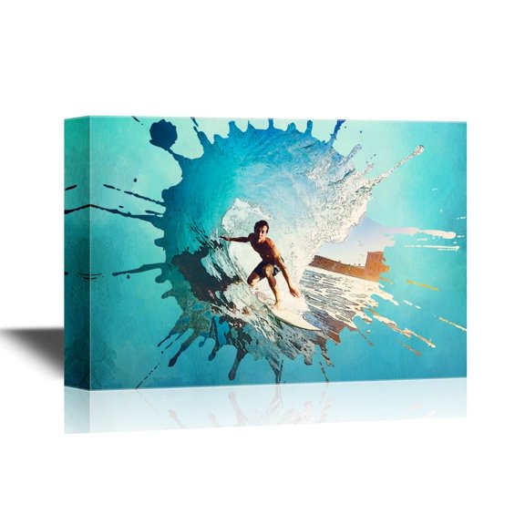 wall26 Extreme Sport Canvas Wall Art - Man Surfing with Huge Waves - Gallery Wrap Modern Home Art | Ready to Hang - 12x18 inches