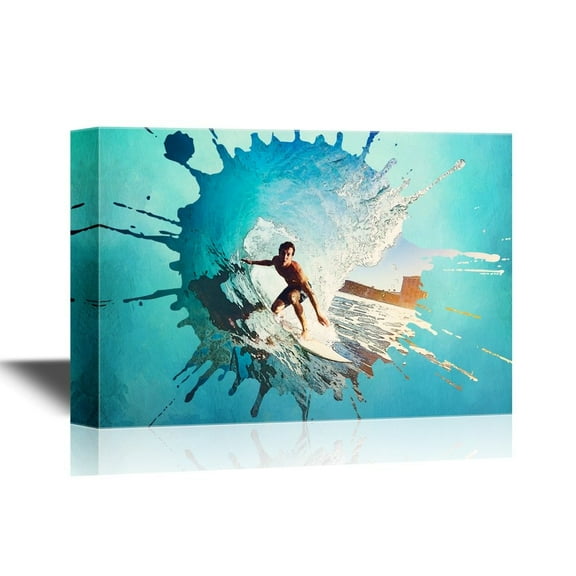 wall26 Extreme Sport Canvas Wall Art - Man Surfing with Huge Waves - Gallery Wrap Modern Home Art | Ready to Hang - 24x36 inches