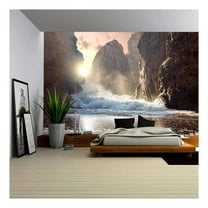 wall26 - Fantastic Big Rocks and Ocean Waves at Sundown Time. Dramatic Scene. Beauty World Landscape. - Removable Wall Mural | Self-Adhesive Large Wallpaper - 100x144 inches